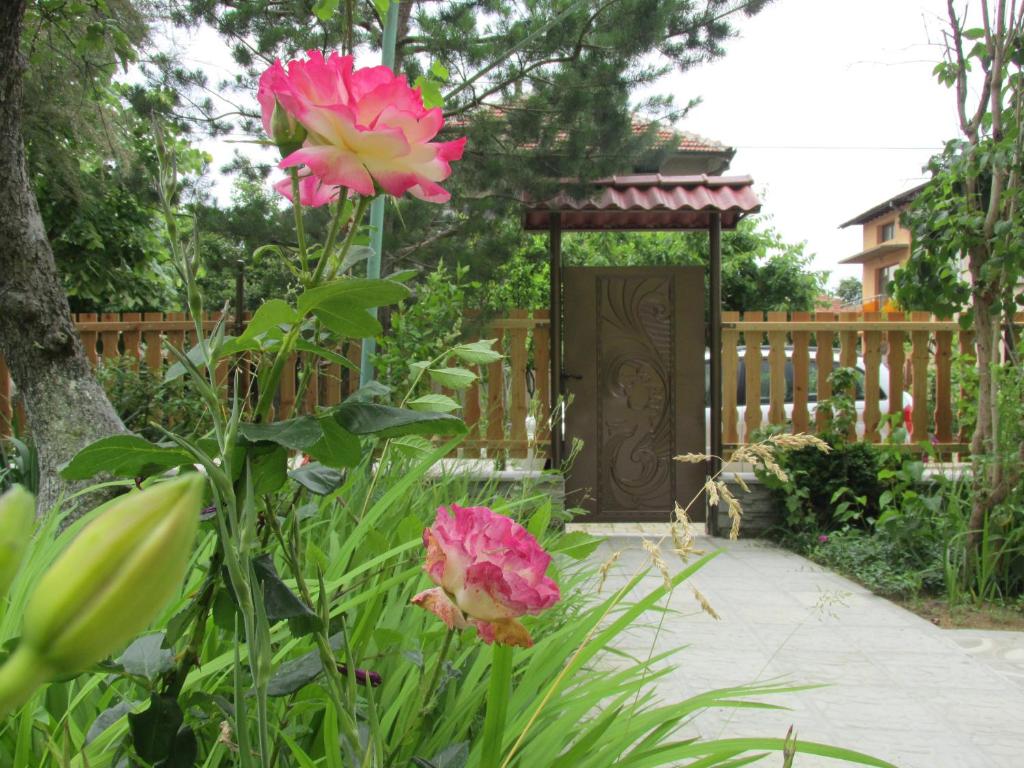 a garden with pink flowers in front of a gate at Villa Impress in Varshets