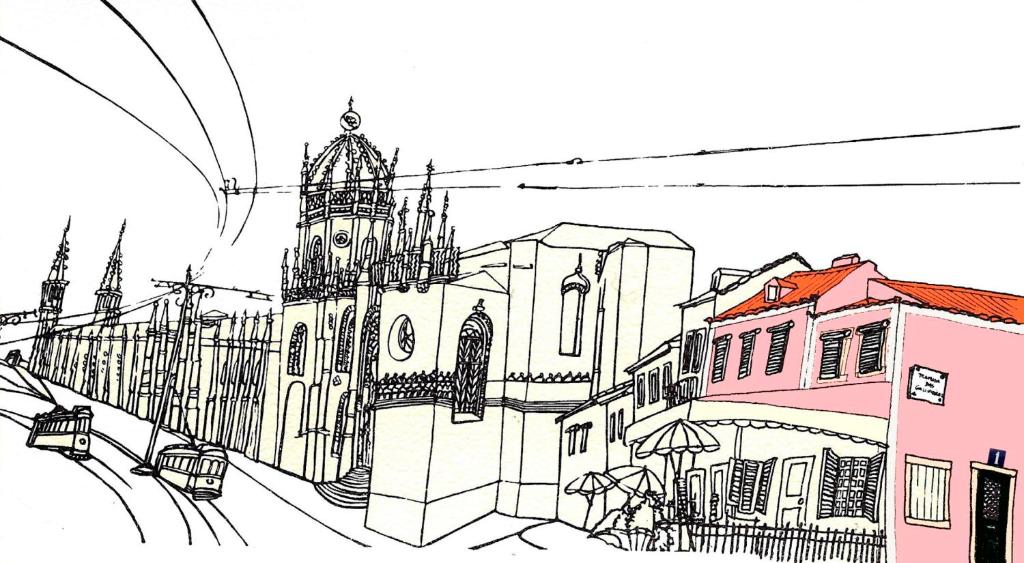 uma ilustração de uma rua da cidade com uma igreja em Atelier - House in Belém em Lisboa