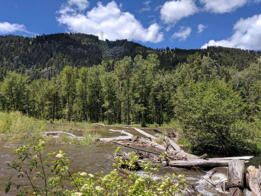 un río con árboles y una montaña en el fondo en Rock Creek Mercantile & Motel en Clinton