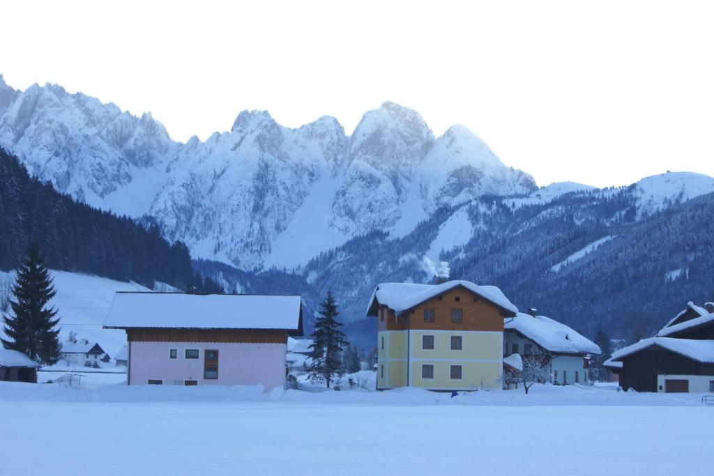 eine Gruppe von Gebäuden vor einem schneebedeckten Berg in der Unterkunft Ferienhaus Reiter Lotte in Gosau