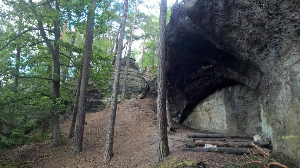 een grot aan de zijkant van een rots in een bos bij Ralsko-Hradcany - apartmán in Hradčany