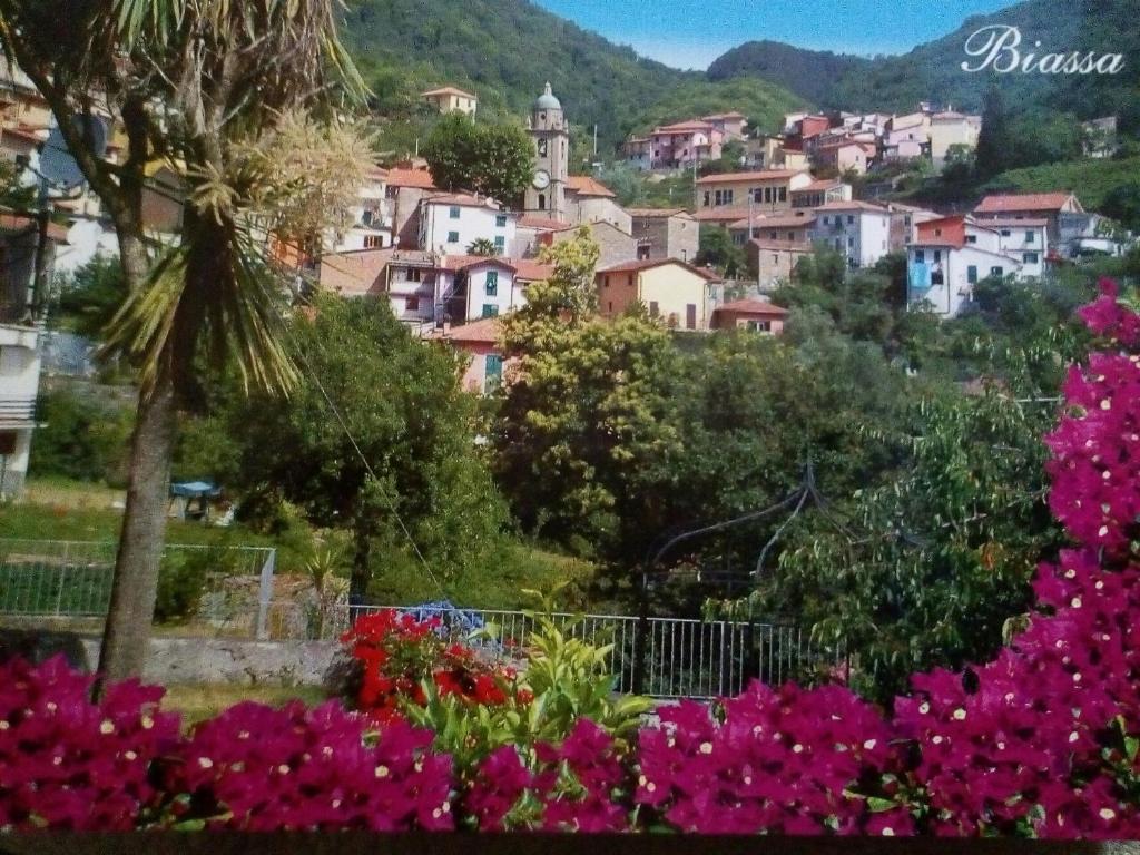 einen Blick auf eine Stadt mit Blumen im Vordergrund in der Unterkunft Casa Elsa in Biassa