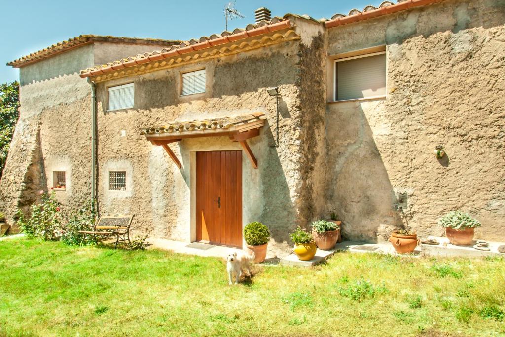 um cão parado em frente a uma casa de pedra em Cal Xaiet em Llampaies