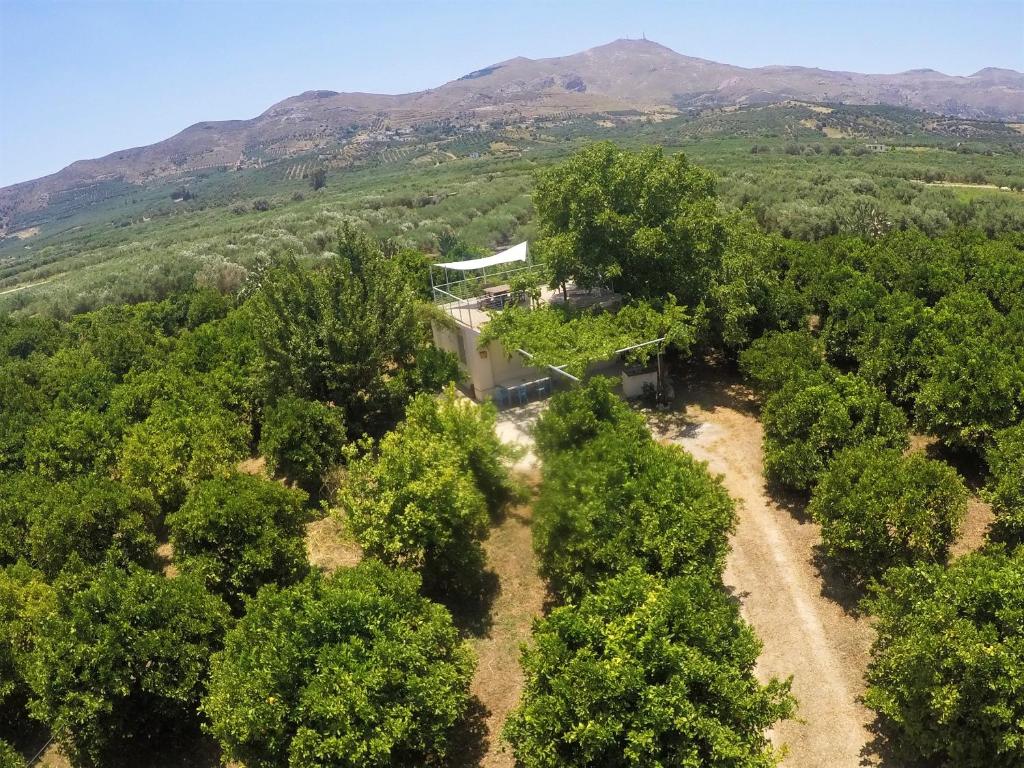 una vista aérea de una casa rodeada de árboles en KaliVie Bio Farm & Retreat, en Moírai