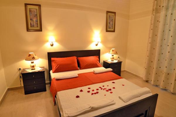 a bedroom with a large bed with red pillows at Neraida Studios in Tsilivi