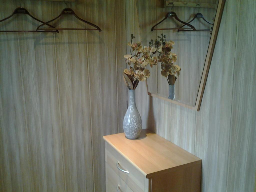 a vase of flowers on a dresser in a room at Jaani 2 Apartment in Pärnu