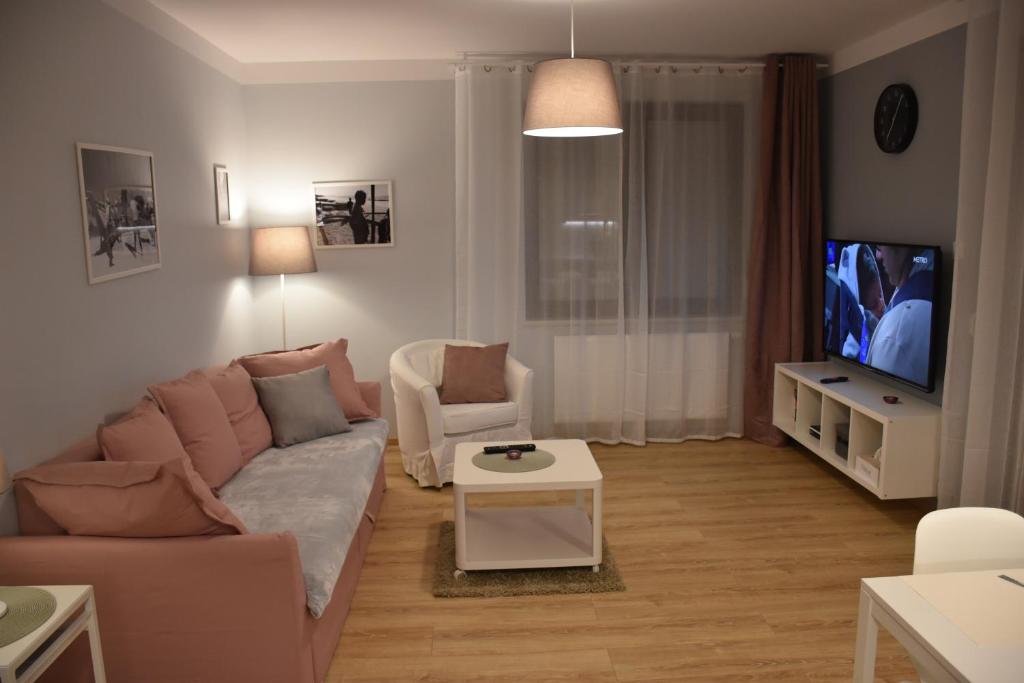a living room with a couch and a tv at Solankowa Aleja in Inowrocław