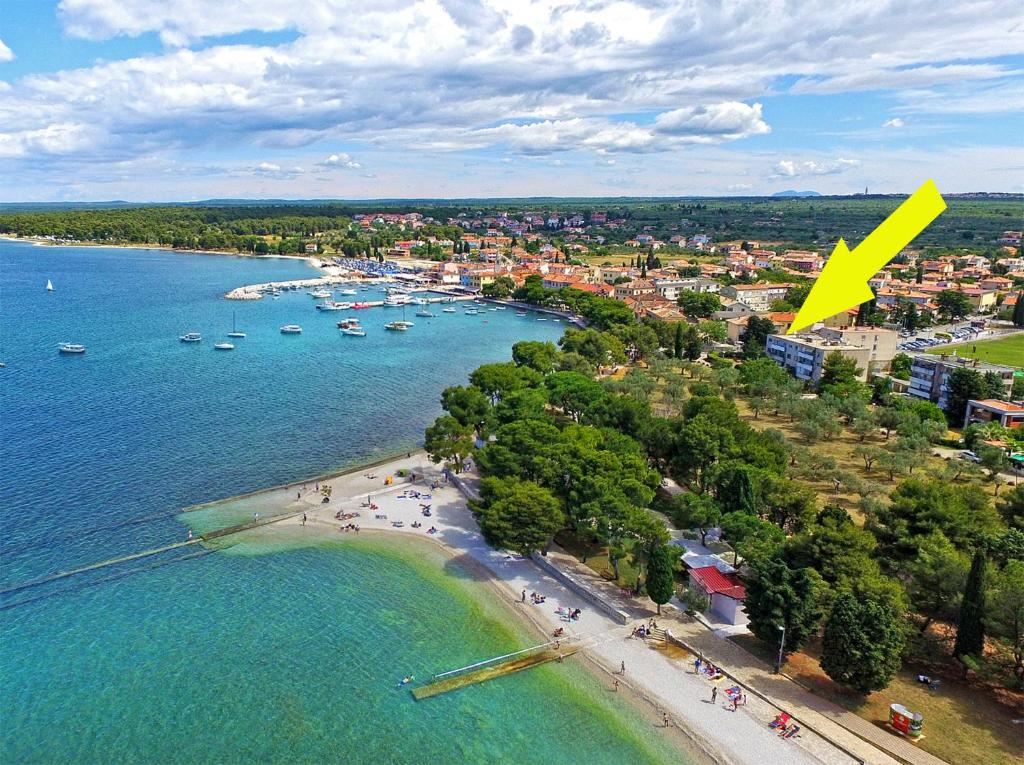 an aerial view of a beach with a yellow arrow at Apartment Marija 1389 in Fažana