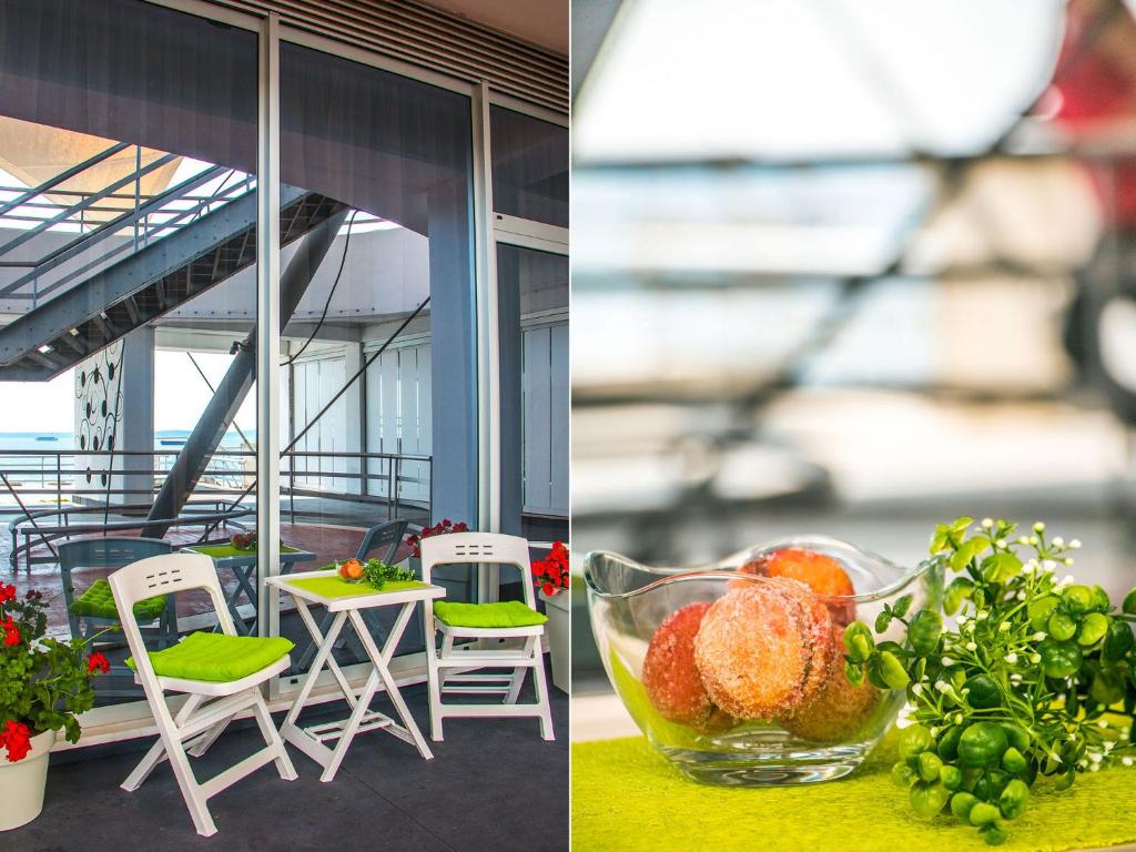 two pictures of a table with a bowl of fruit at IDRO Studio Apartments directly at the beach in Split