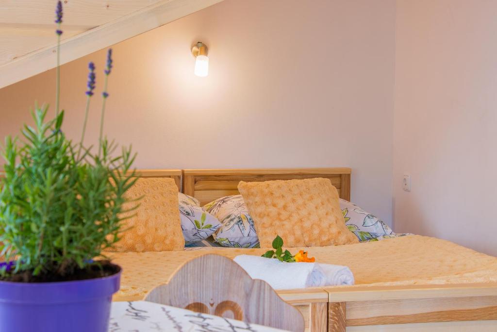ザコパネにあるWilla Trebuniaのベッドルーム1室(ベッド1台、テーブルの上に鉢植えの植物付)