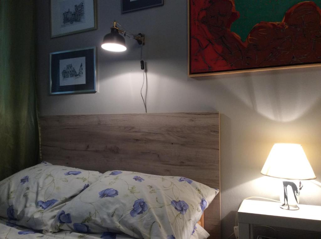 a bedroom with a bed with a wooden headboard and a lamp at Apartament Centralny in Warsaw