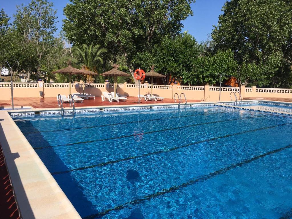 une grande piscine avec des chaises et des parasols dans l'établissement Camping Bungalows Sol D´Or, à Peñíscola