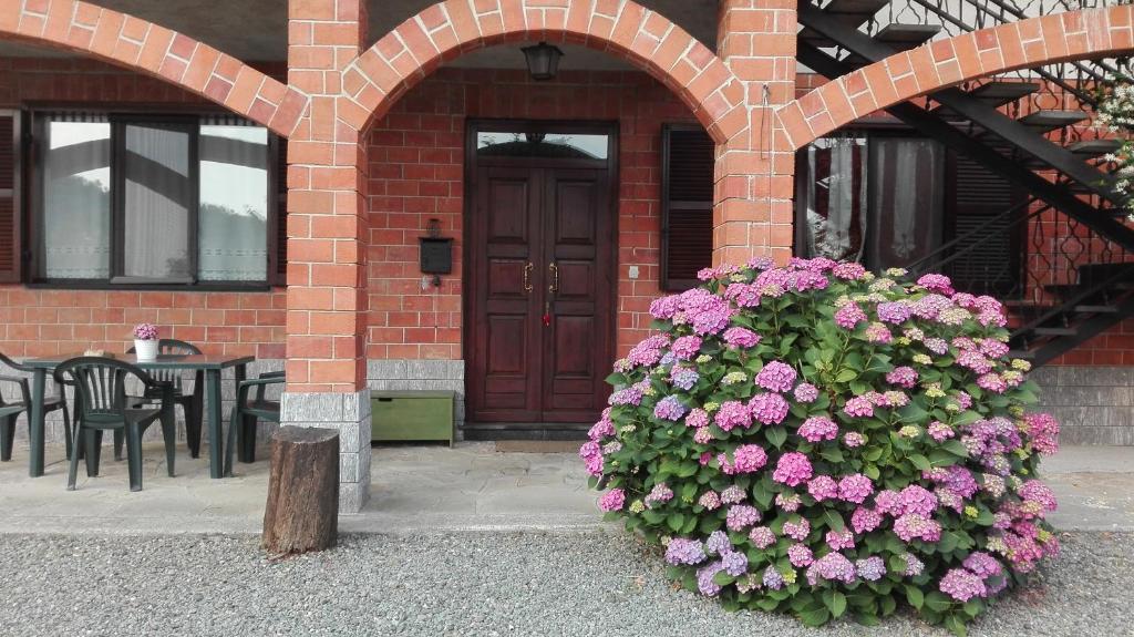 un arbusto de flores rosas frente a un edificio en Casa Statiella, en Acqui Terme