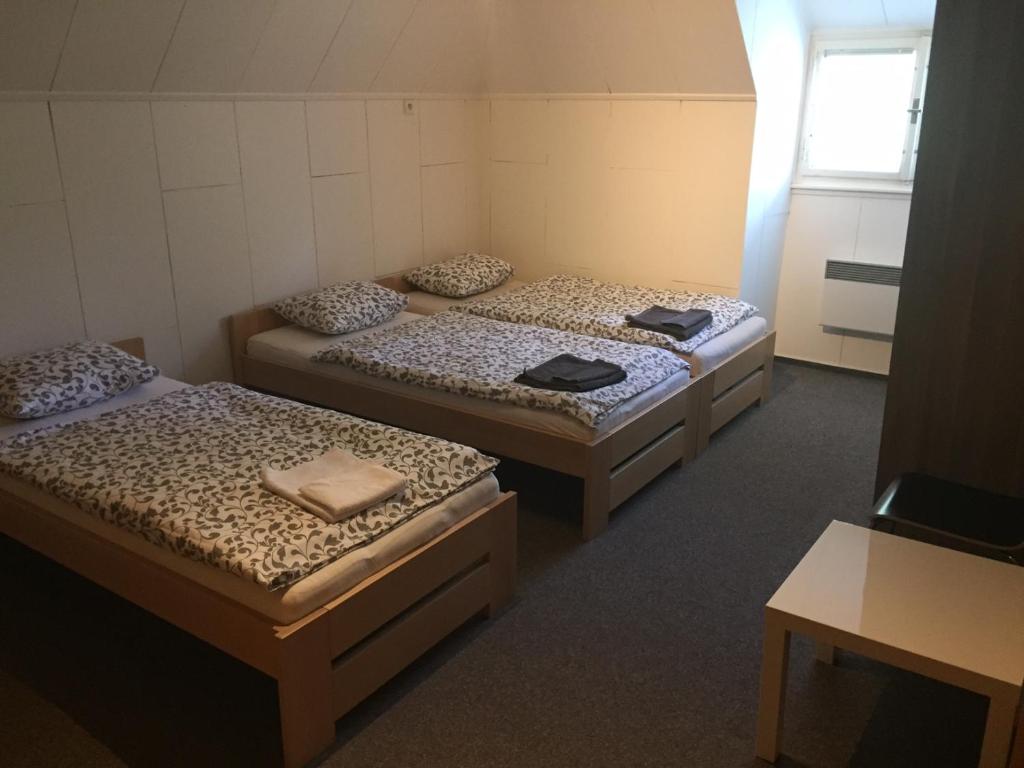 a room with three beds in a room at Vila Háj in Úsov
