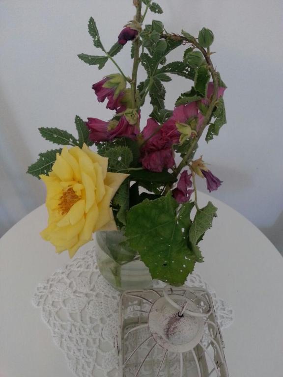 a vase filled with flowers on top of a table at Message in a Bottle Bed and Breakfast in Camporosso