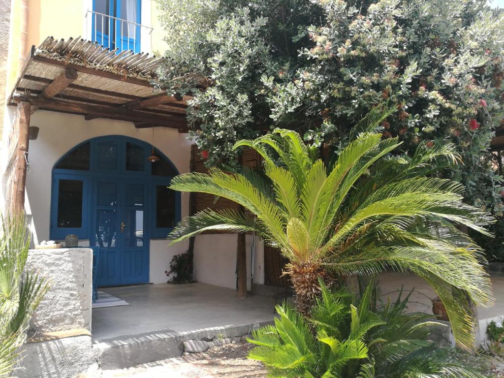 una casa con una puerta azul y una palmera en La Casa di Via Lungomare, en Santa Marina Salina