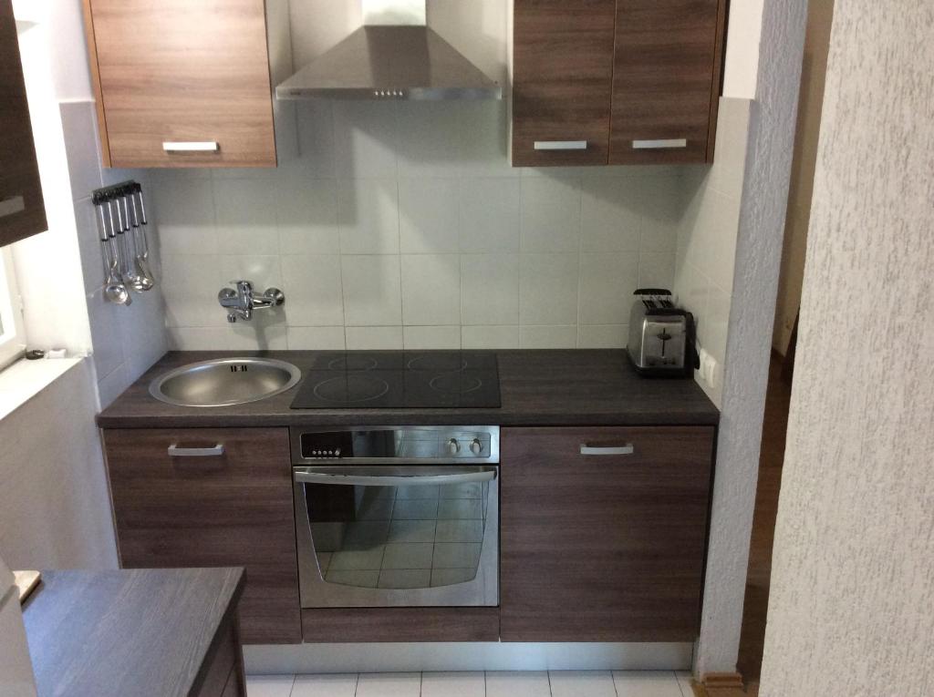 małą kuchnię ze zlewem i kuchenką w obiekcie Premium Apartments Punta Kolova w mieście Opatija