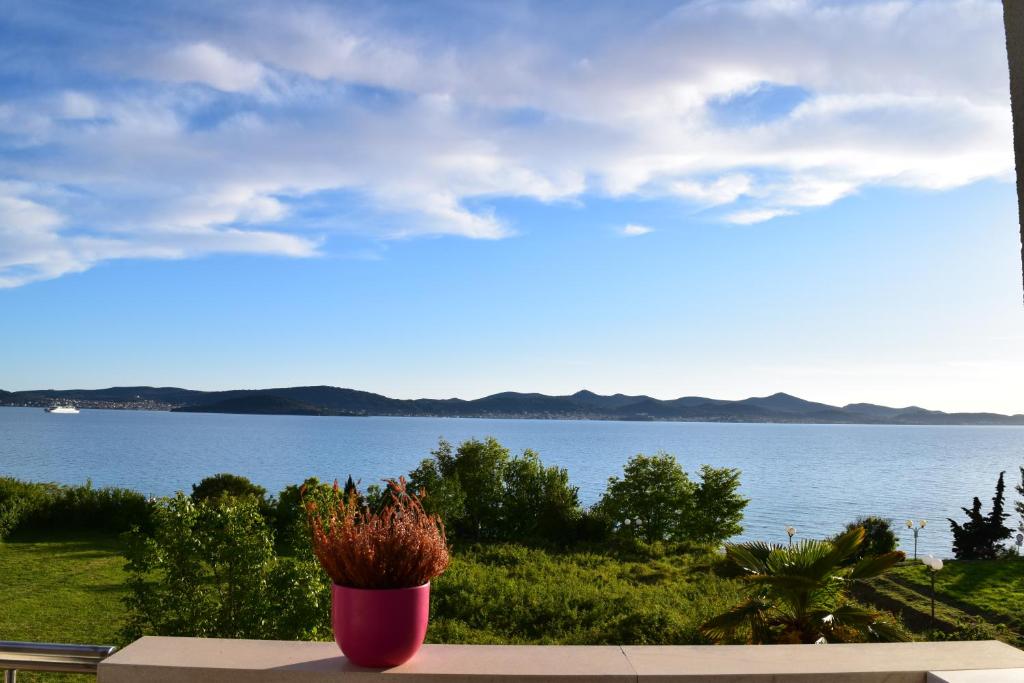 a plant in a red pot sitting on a table near the water at Seaview holiday house Mali Rog in Zadar