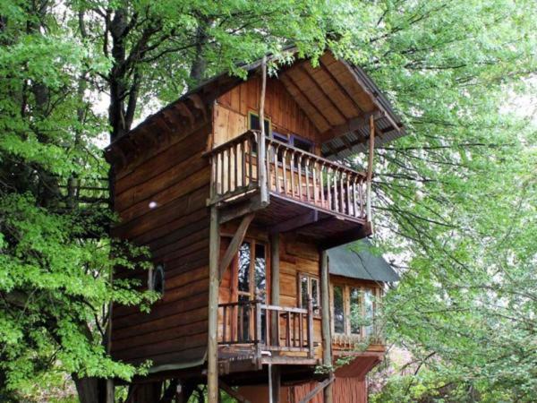 ein Holzbaumhaus inmitten von Bäumen in der Unterkunft Sycamore Avenue Treehouses & Cottages Accommodation in Windy