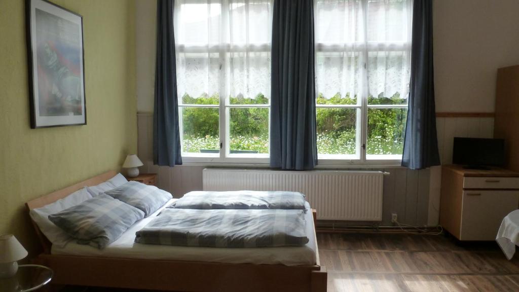 a bedroom with a bed in front of a window at Alte Schule in Tambach-Dietharz