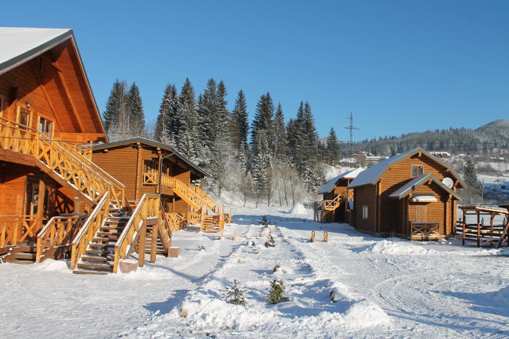 un gruppo di edifici nella neve con alberi di Asher a Tatariv