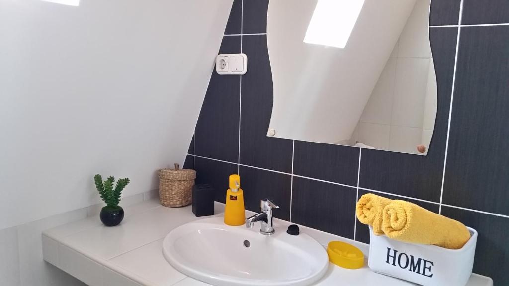 La salle de bains est pourvue d'un lavabo et d'un miroir. dans l'établissement Boglárka Apartman, à Hajdúszoboszló