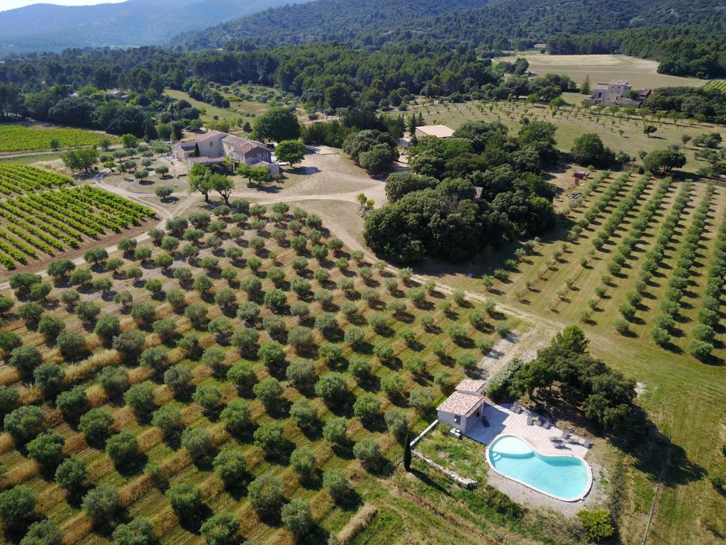 z góry widok na farmę z basenem i drzewami w obiekcie La Rivayne w mieście Lourmarin