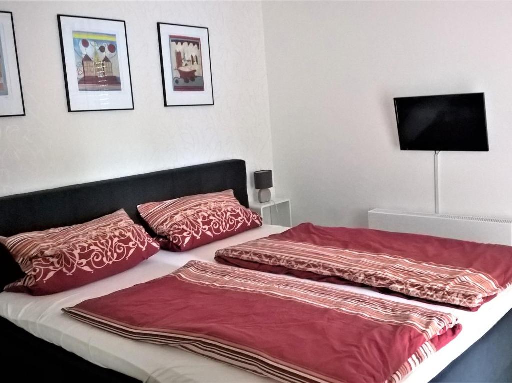 a bedroom with two beds with red pillows at Studio Muenster City in Münster