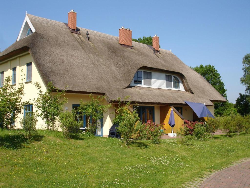 ein Haus mit einem Strohdach auf einem Grasfeld in der Unterkunft Puddemin Haus Malve 2 in Poseritz