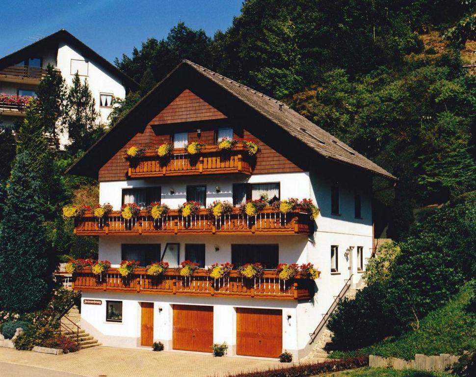 ein Haus mit einem Balkon mit Blumen darauf in der Unterkunft Haus Margot Armbruster in Bad Rippoldsau-Schapbach