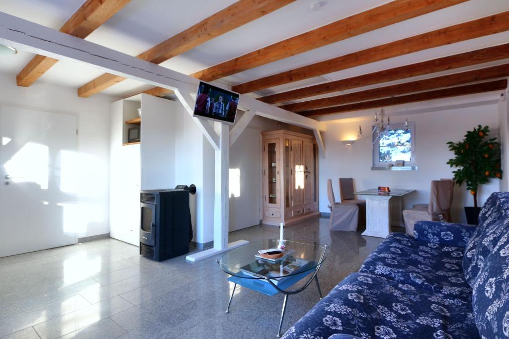 a living room with a blue couch and a tv at Gesindehaus Charis in Kippenheim