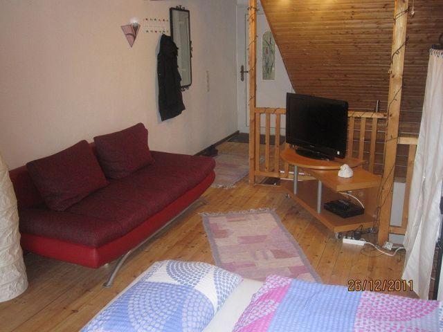 een woonkamer met een rode bank en een televisie bij Ferienwohnungen-Willrich-Ferienwohnung-2 in Blankenheim