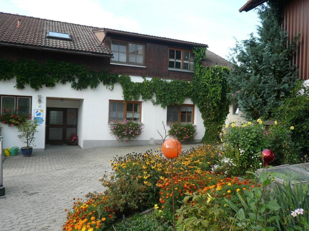 une boule d'orange dans un jardin en face d'une maison dans l'établissement Ferienhof-Fink-Ferienwohnung-Sonnenblume, à Opfenbach
