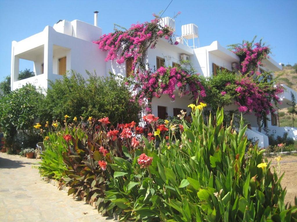 a white building with flowers in front of it at Mochlos Mare in Mochlos