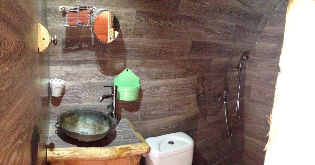 La salle de bains est pourvue d'un lavabo et de toilettes. dans l'établissement La Colline Aux Cabanes, à Espaly-Saint-Marcel