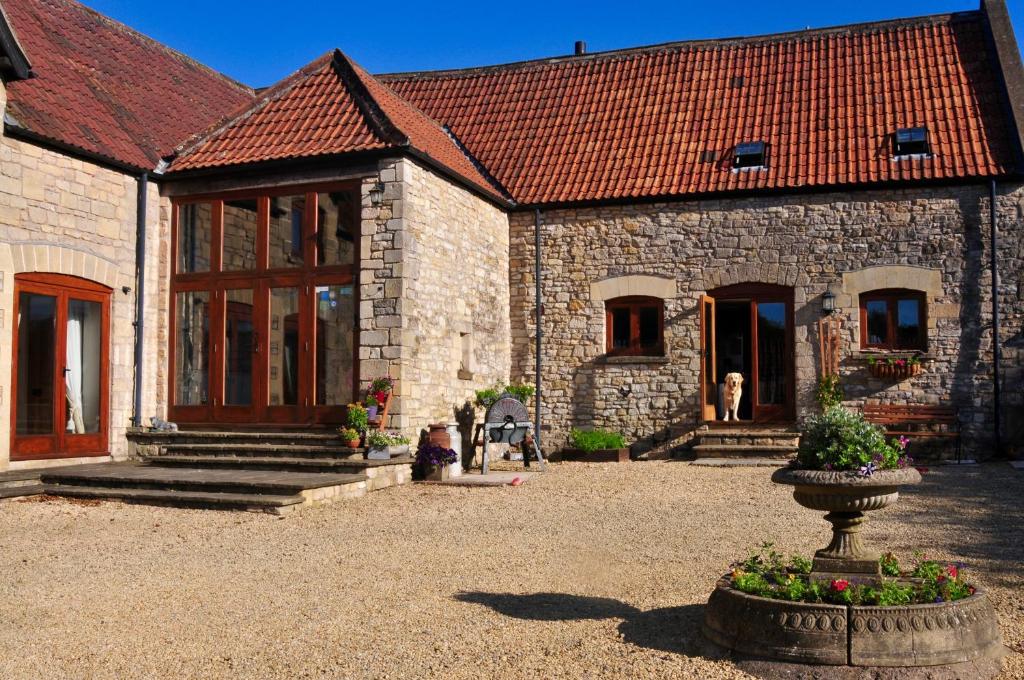 un edificio de piedra con un perro parado fuera de él en The Old Stables Bed & Breakfast, en Shepton Mallet