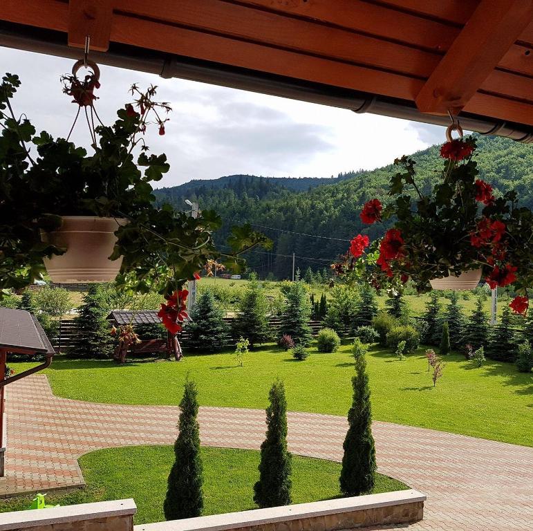a view of a garden from a patio with flowers at Pensiunea Putnisoara in Putnişoara