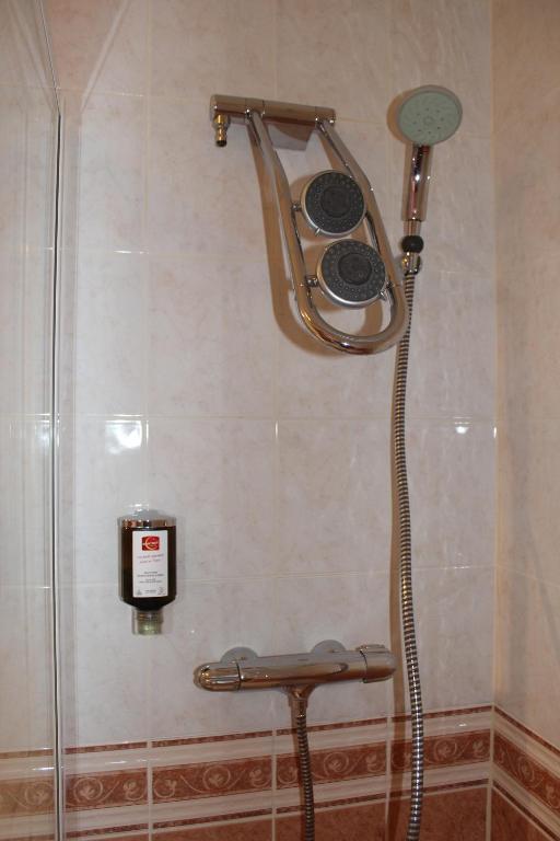 a shower in a bathroom with a glass door at Hotel Bristol in Chalons en Champagne