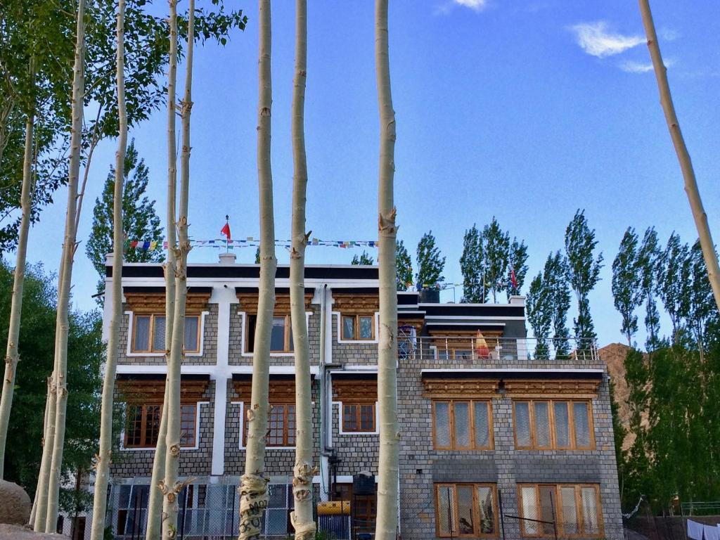 a building with a bunch of trees in front of it at Heschuk Guest House in Leh