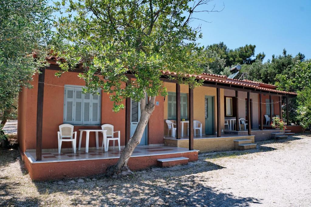 a house with chairs and a table and a tree at Pefka Rooms in Mytilini