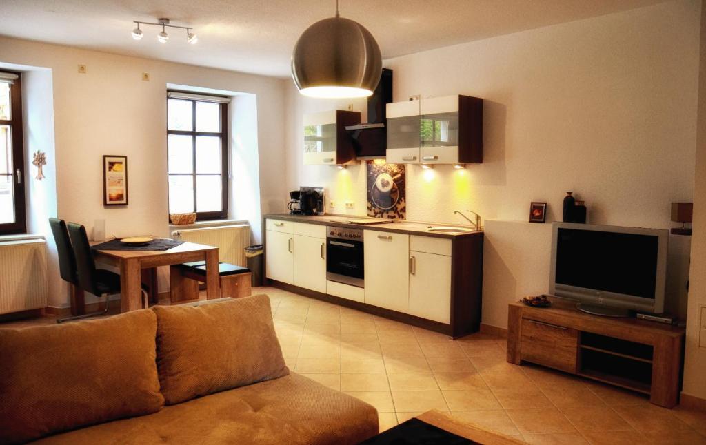 ein Wohnzimmer mit einem Sofa und einer Küche in der Unterkunft Apartments Altstadthaus Görlitz in Görlitz