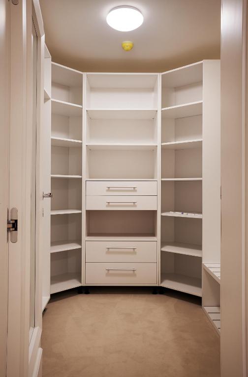 a walk in closet with white shelves at Castello Boutique Hotel in Čačak