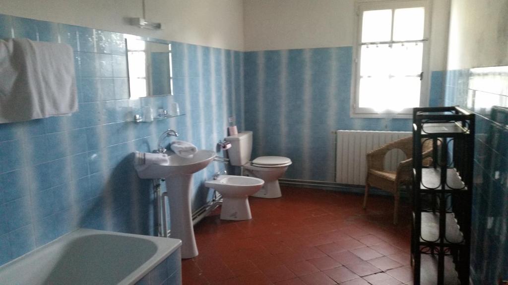 un bagno blu con un water e un lavandino di Le Mas d'Icard a Saintes-Maries-de-la-Mer