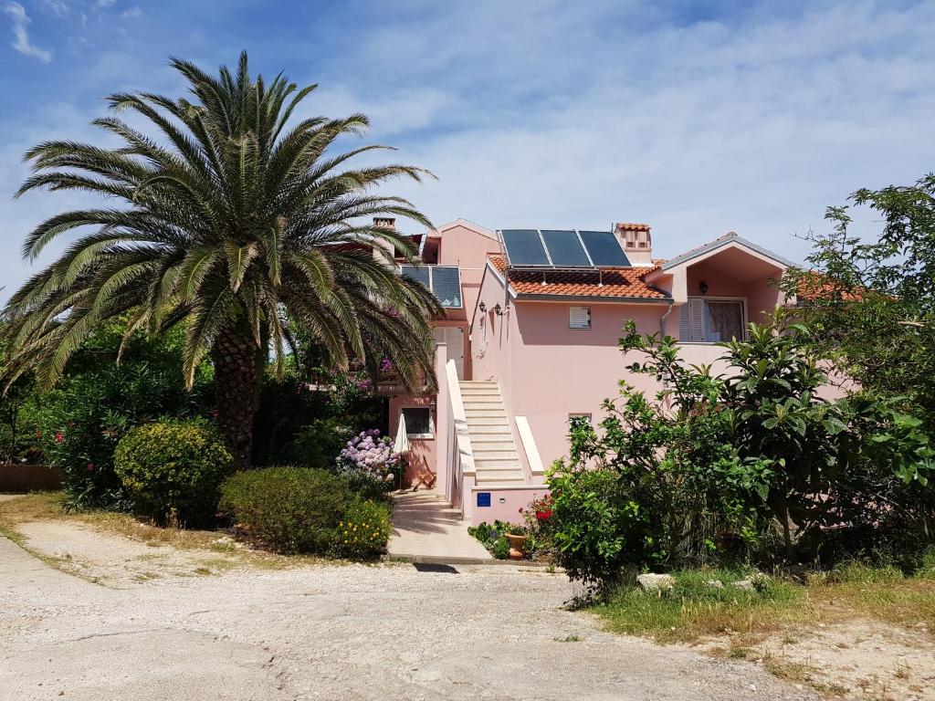 a house with a palm tree and a house with solar panels at Apartments Laura in Mali Lošinj