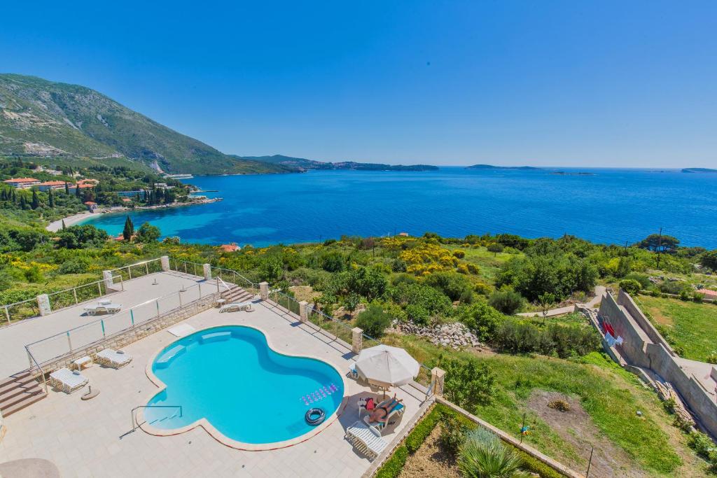 an aerial view of a villa with a swimming pool and the ocean at Apartments Marnic in Mlini