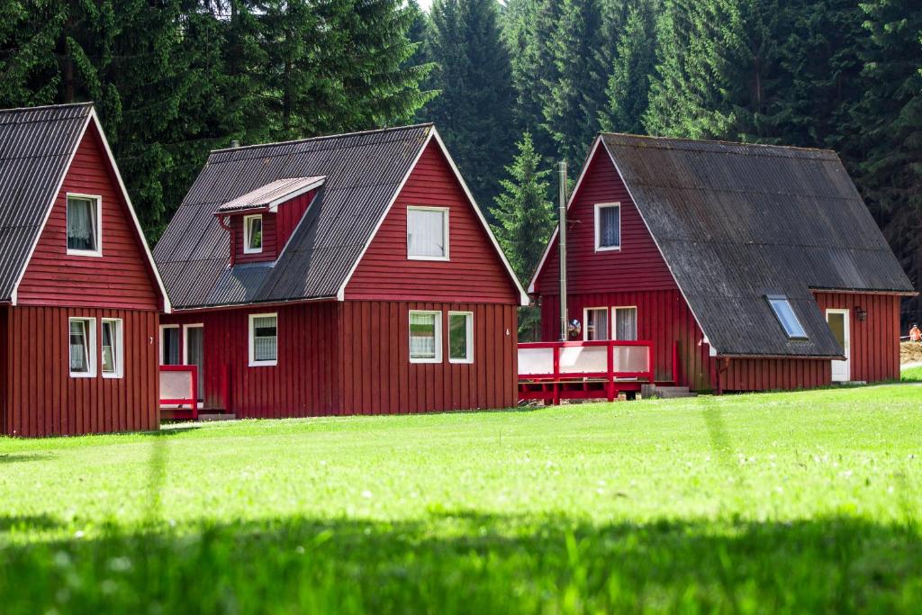zwei rote Scheunen mit schwarzen Dächern auf einem Feld in der Unterkunft Erzgebirgsidyll in Breitenbrunn