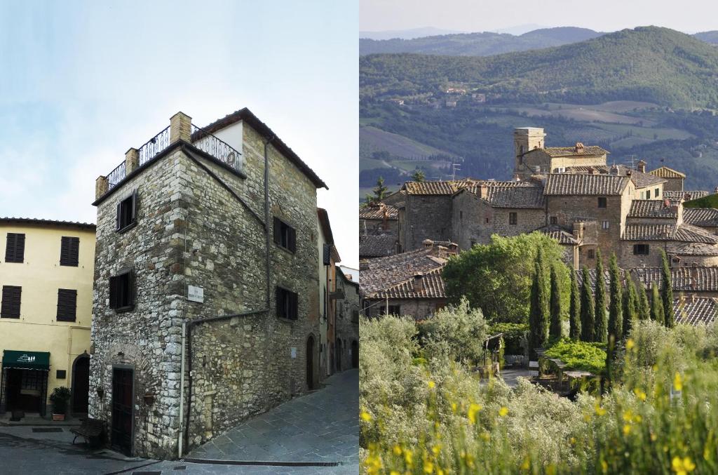duas fotos de um edifício antigo e um castelo em ART REBUS Tower in Tuscany em Radda in Chianti