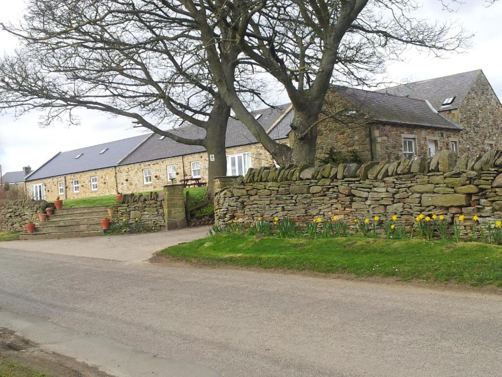 a stone wall next to a house with a tree at Hamsteels Hall Cottages in Langley Park