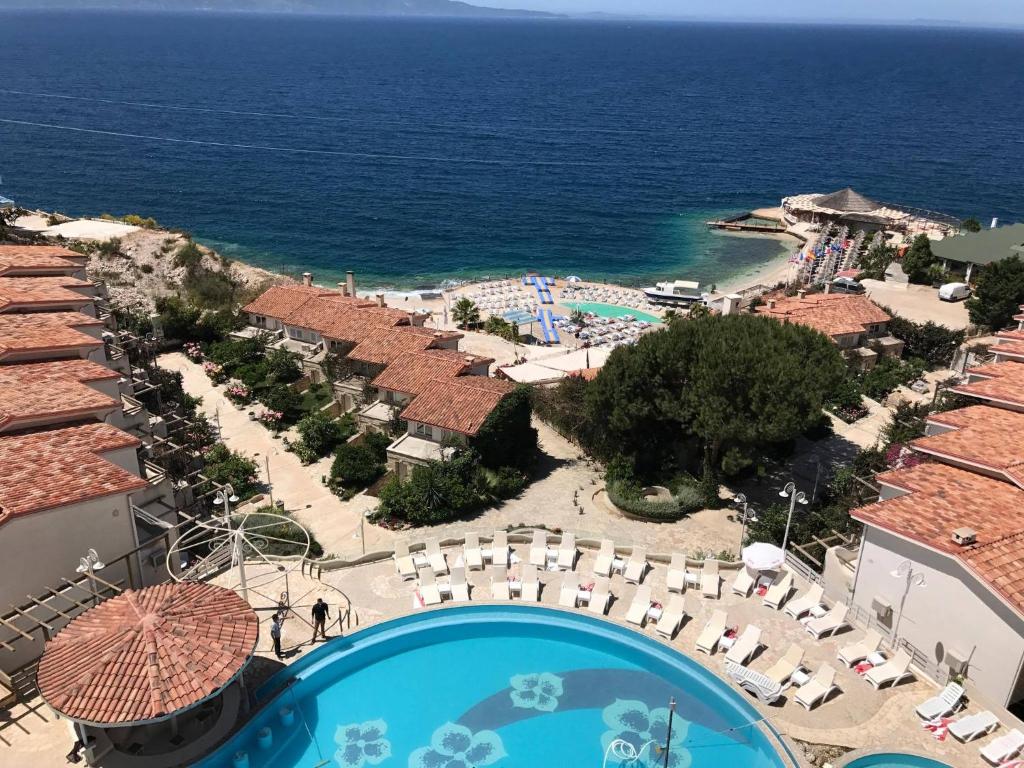 an aerial view of a resort with a swimming pool at Sunny Bay Apartments in Sarandë