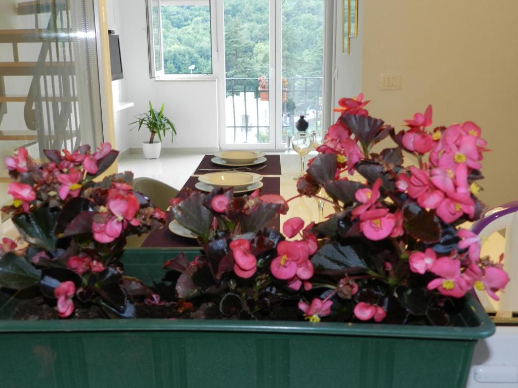stół z różowymi kwiatami w zielonym pojemniku w obiekcie Apartment Gregov w mieście Mošćenička Draga